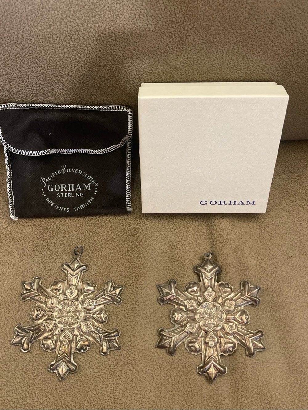 Gorham 2 Silver Snowflake Ornaments with Branded Box and Pouch - 1995